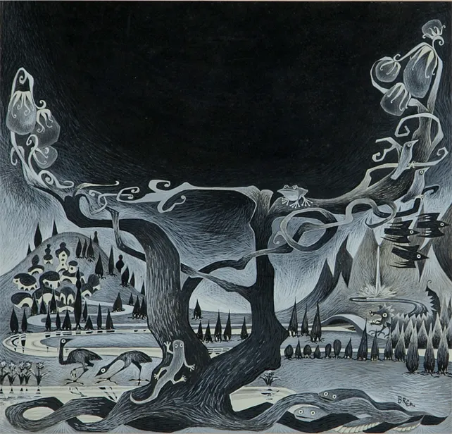 Barbara Remington's monochrome concept artwork of a surreal tree beside a lakeside village, the original proof for the 1965 Ballantine Tolkien paperback covers.