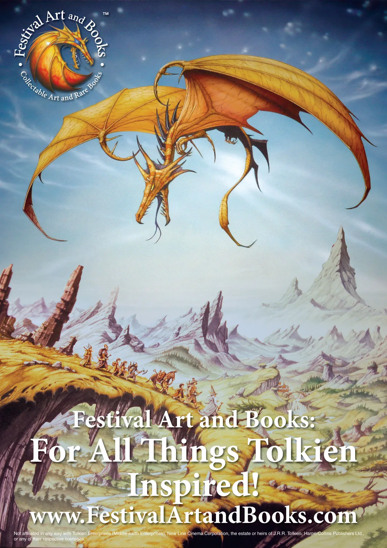 Festival Art and Books promotional poster with dragon over a Tolkien-inspired landscape