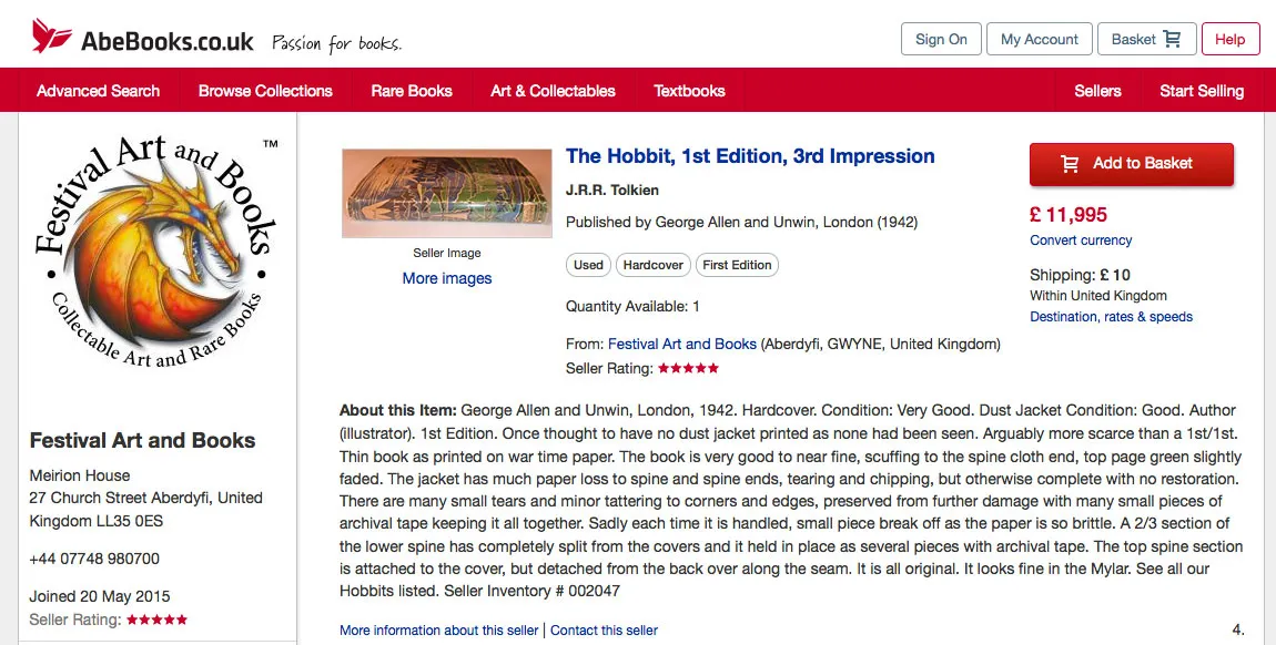 AbeBooks listing photograph of a first edition The Hobbit, illustrating how specialist dealers present collectable copies online.