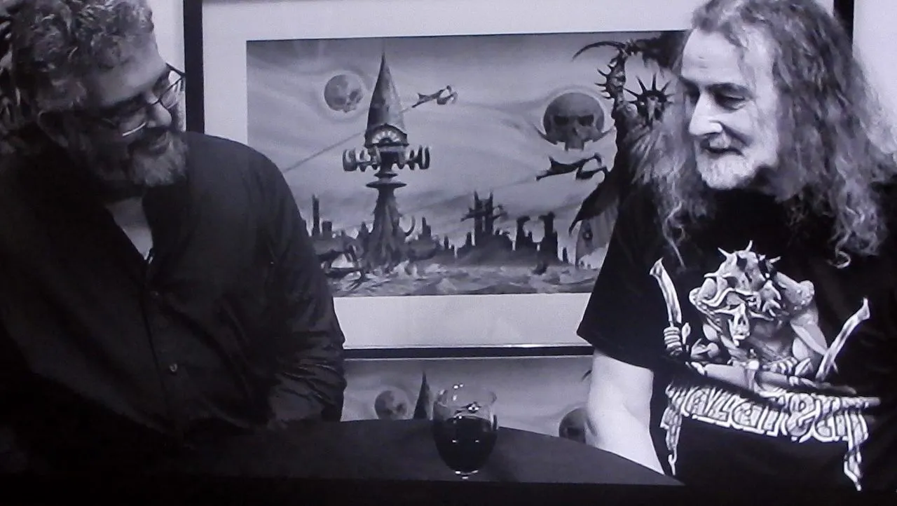 Mark Faith with artist Rodney Matthews, filmed for a Nazareth band DVD