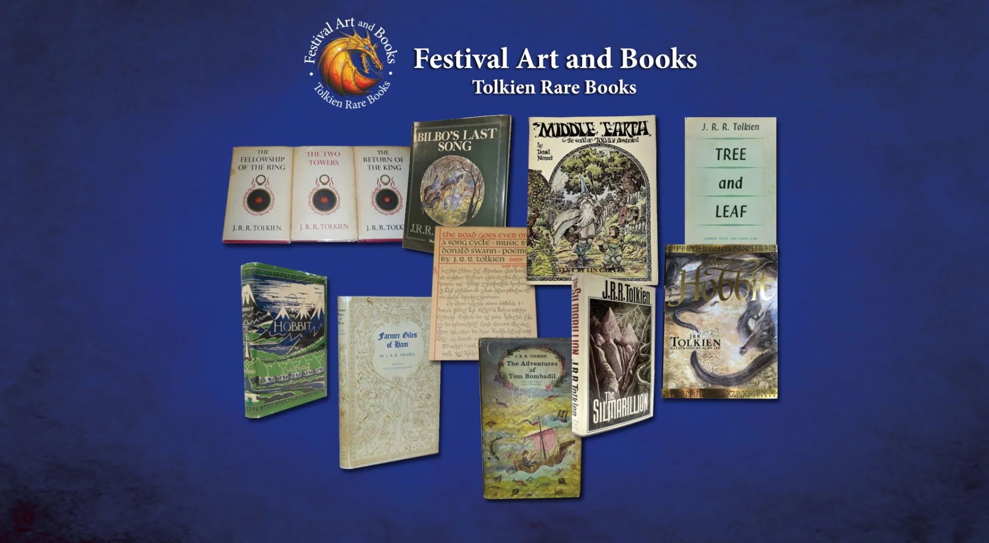 Montage of J.R.R. Tolkien first-edition book covers, The Hobbit and The Lord of the Rings, from Festival Art & Books