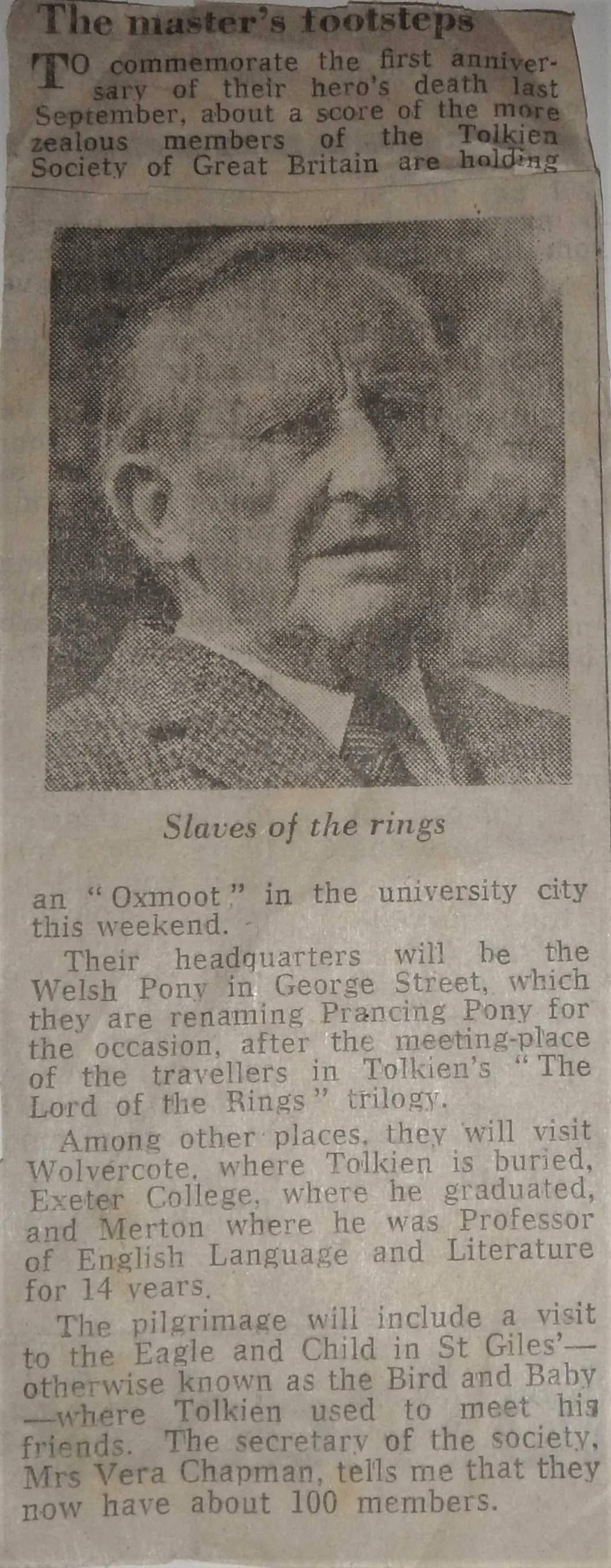 Newspaper clipping on the Tolkien Society's first Oxmoot commemoration in Oxford